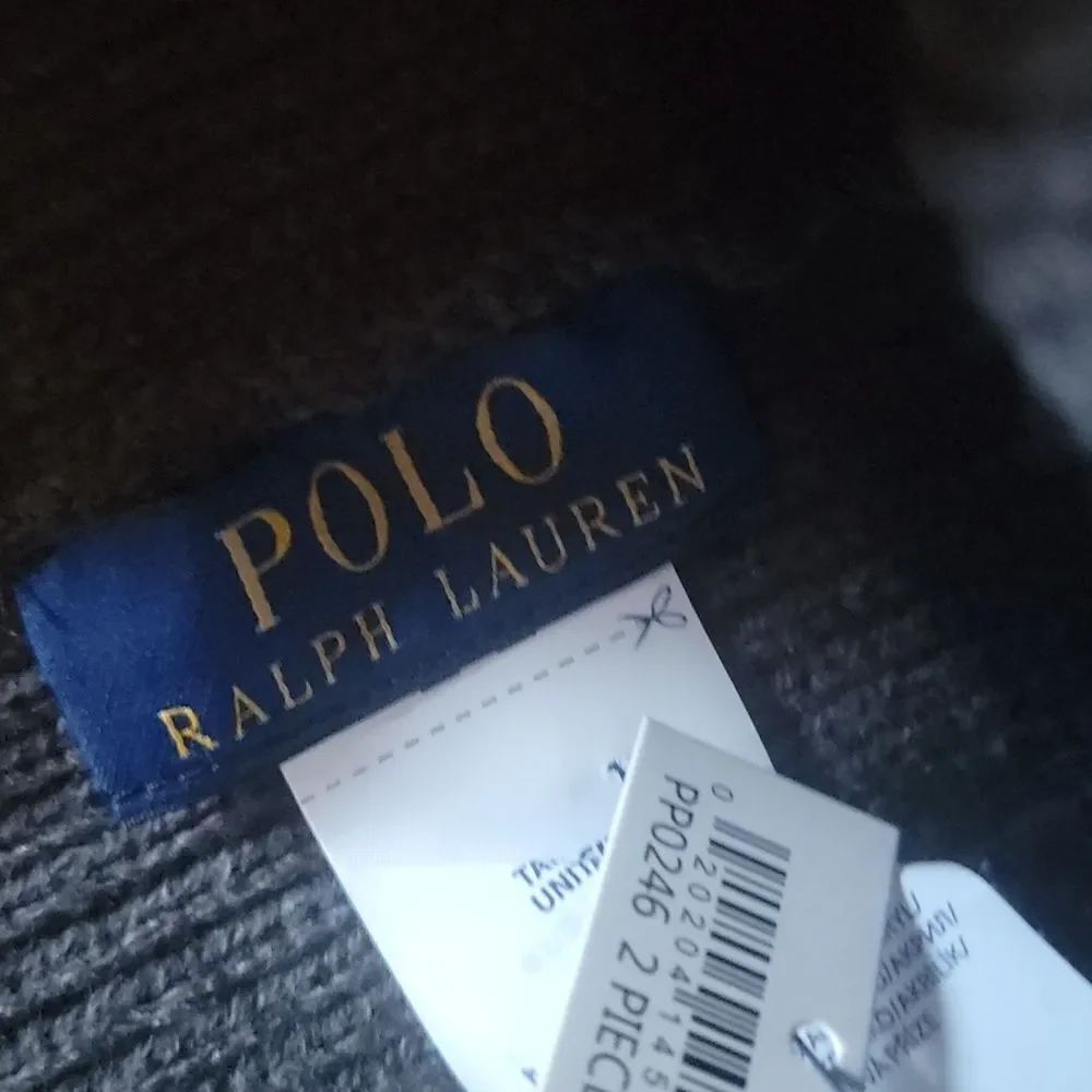 Polo Ralph Lauren Men's grey and navy 2 Piece Set Hat & Scarf Lambswool…